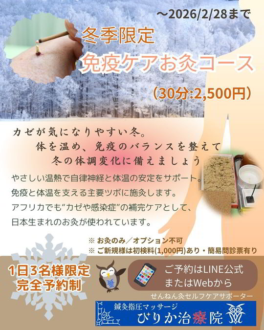 冬季限定免疫ケアお灸コースの詳細チラシ。火傷リスクの少ない温和なお灸と冬の体調ケアについて説明した案内画像。