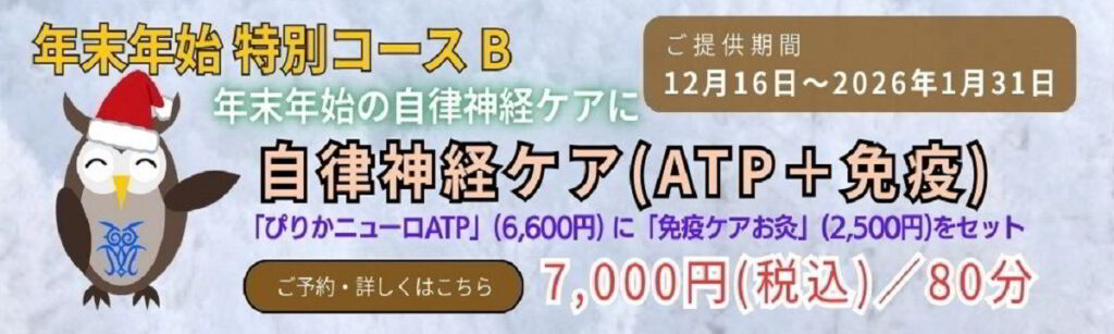 年末年始特別コースB「自律神経ケア(ATP+免疫)」の案内バナー。冬の脳疲労や自律神経の乱れ、疲れが抜けない状態に対して、微弱電流と鍼灸で神経と免疫を整える期間限定コース。