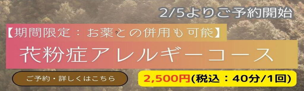 季節限定コース「花粉症アレルギーコース」のリンクバナー。